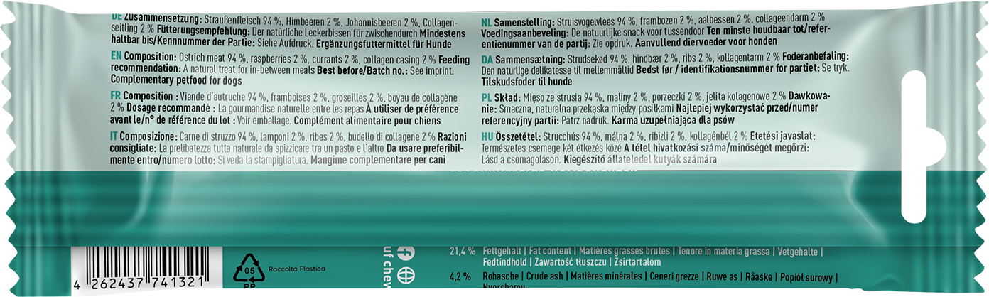 Chewies Hundezigarren Pštrosí salámky s malinami a rybízem 75 g